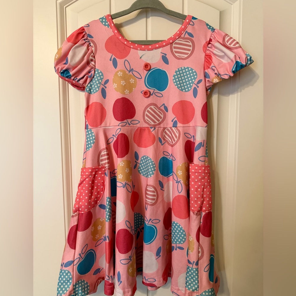 Pink Apple Print Kids Twirl Dress Size 4
